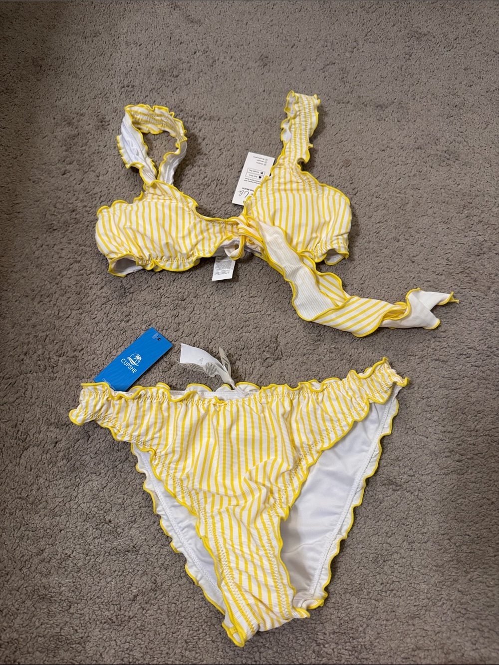 NWT CUPSHE Yellow & White Striped Ruffle Bikini Set